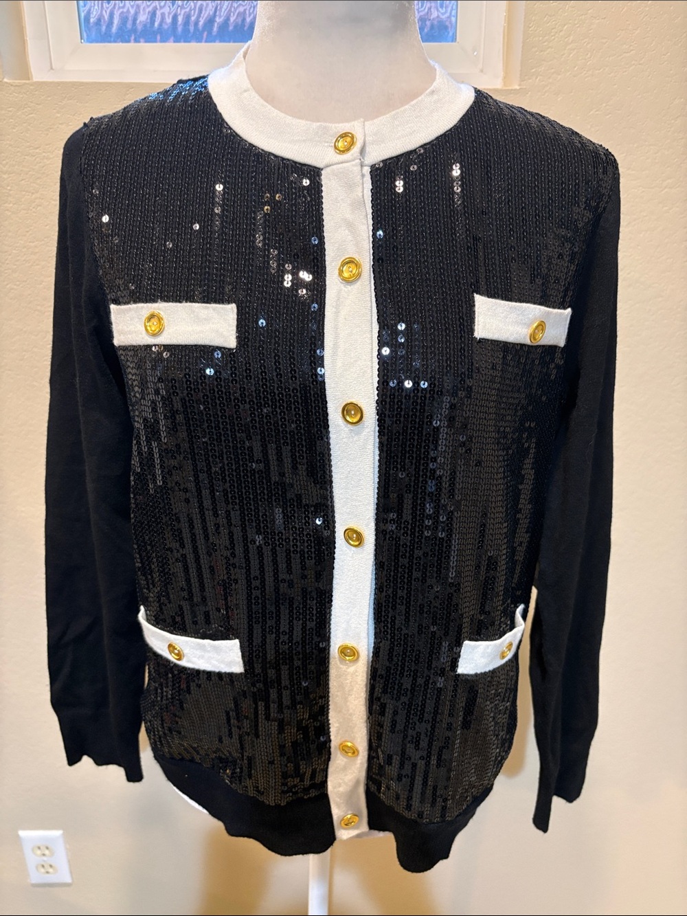 BCBG Black Sequin Cardigan with White Trim and Gold Buttons-Size M